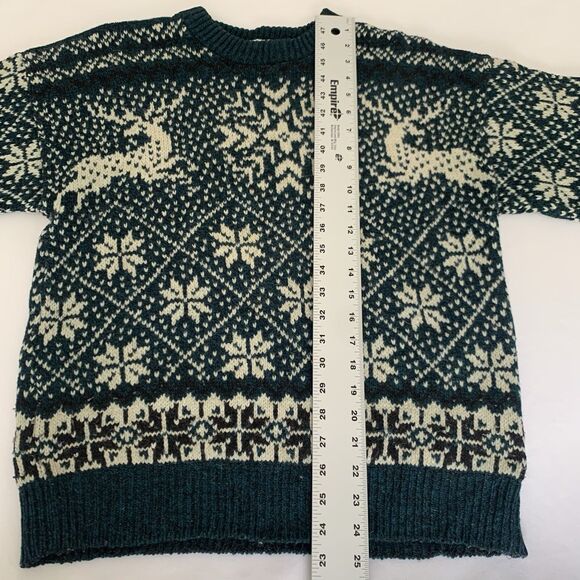 VTG 90s Sweater Women M Dark Green Beige Reindeer Snowflake Christmas Fair Isle - Picture 5 of 6